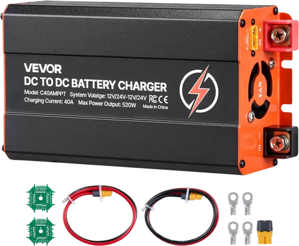 VEVOR DC to DC Charger with MPPT, 520W, 40A On-Board Battery Charger, Solar Panel/Alternator Dual Input, Smart Multi-Stage Charging for LiFePO4 Lead-Acid Batteries, 12V/24V-12V/24V, for RV Home Backup