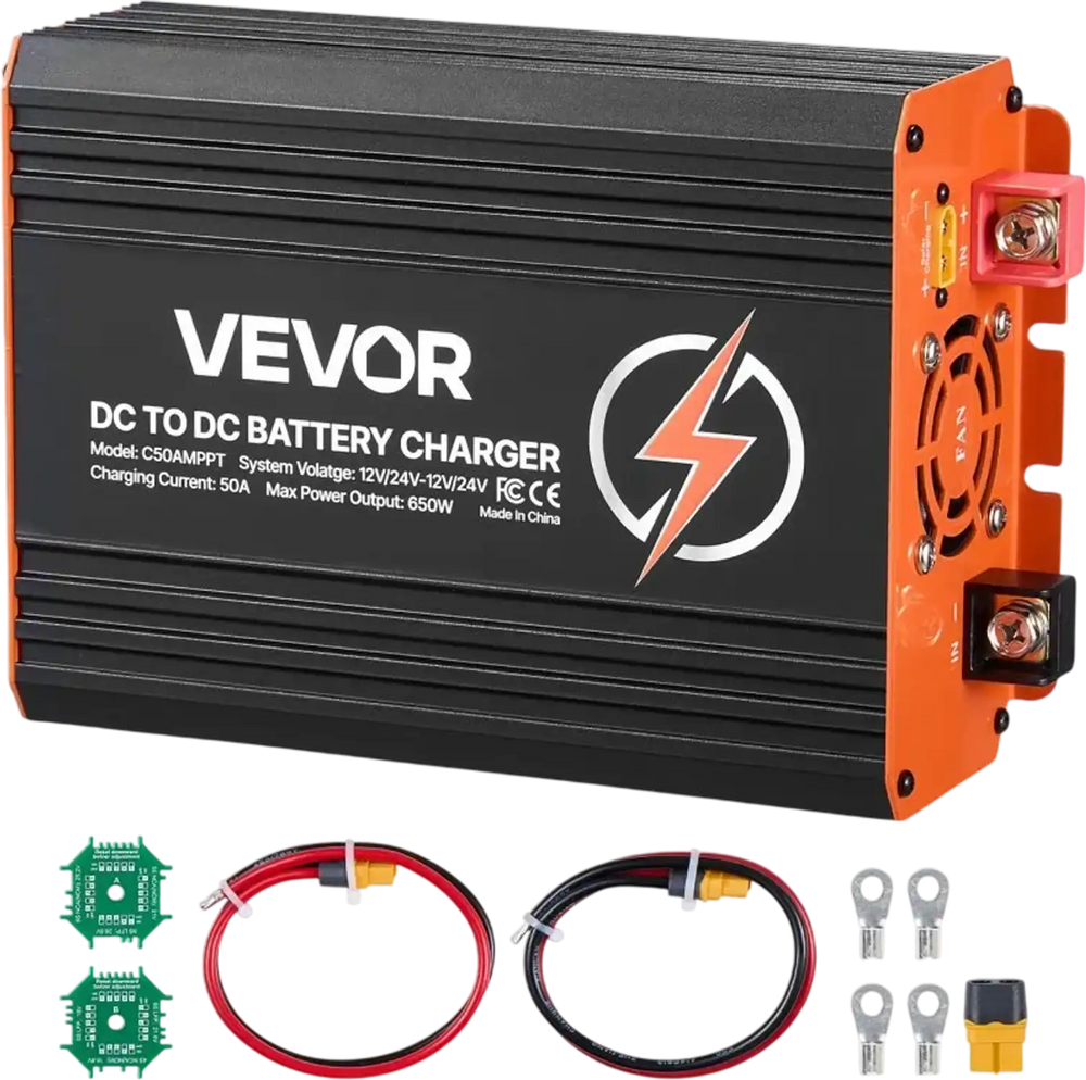 VEVOR DC to DC Charger with MPPT, 650W, 50A On-Board Battery Charger, Solar Panel/Alternator Dual Input, Smart Multi-Stage Charging for LiFePO4 Lead-Acid Batteries, 12V/24V-12V/24V, for RV Home Backup