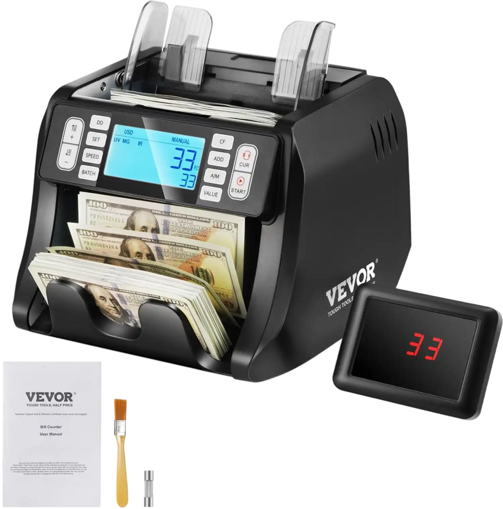 VEVOR Money Counter Machine, Bill Counter with UV, MG, IR and DD Counterfeit Detection, USD & EUR Cash Counting Machine with Add and Batch Modes, Large LCD & External Display