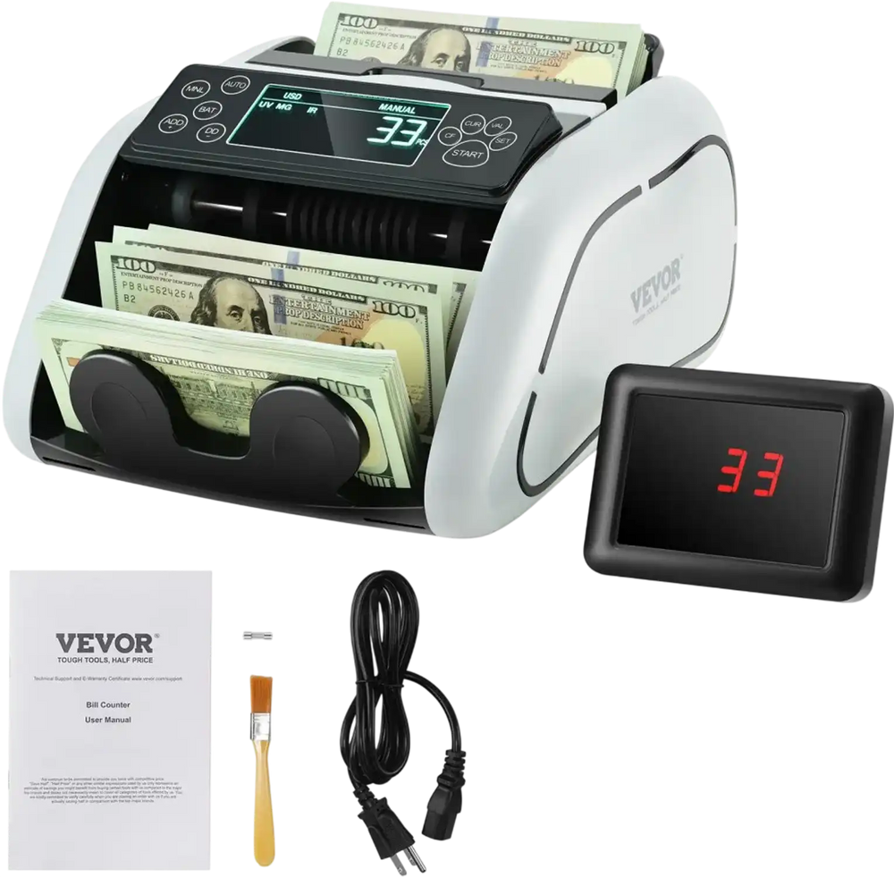 VEVOR Money Counter Machine, Bill Counter with UV, MG, IR and DD Counterfeit Detection, USD & EUR Cash Counting Machine with Large LCD & External Display for Small Business