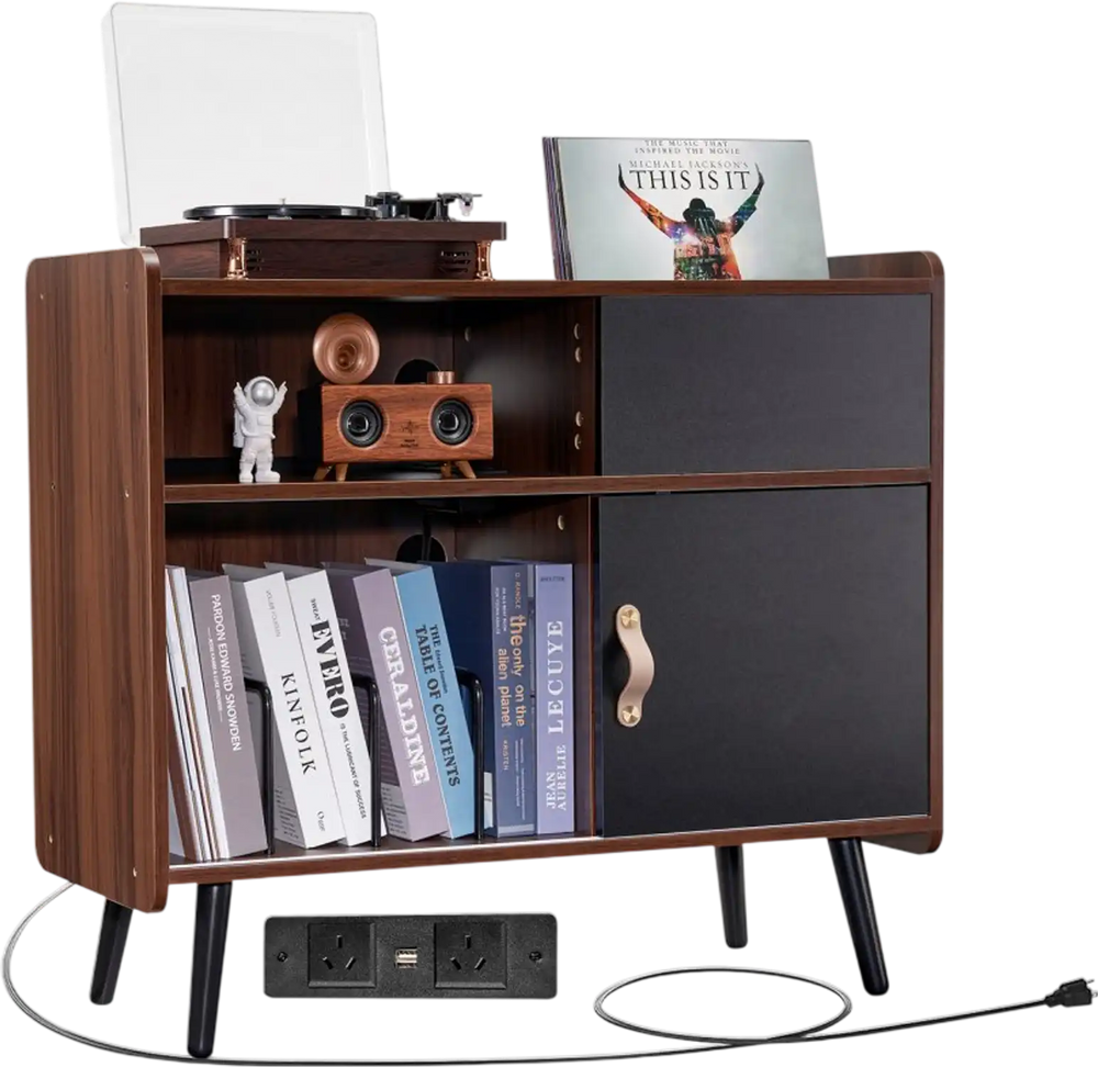 VEVOR Record Player Stand with Power Outlet, Turntable Stand Holds Up to 350 Albums, Record Player Table with Vintage Vinyl Record Storage for Living Room, Bedroom, Brown