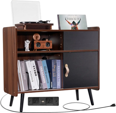 Vevor Record Player Stand Wooden Turntable Storage Cabinet with Sliding Door and Power Outlet Brown New