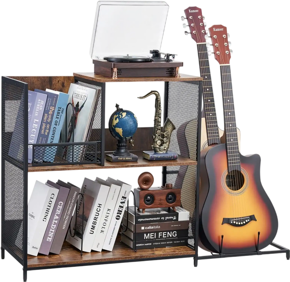 VEVOR 3-Tier Record Player Stand with Guitar Holder, Turntable Stand with Storage Holds Up to 300 Albums, Vinyl Record Cabinet with Metal Mesh Frame for Living Room, Bedroom, Black
