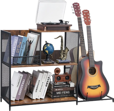 VEVOR 3-Tier Record Player Stand with Guitar Holder, Turntable Stand with Storage Holds Up to 300 Albums, Vinyl Record Cabinet with Metal Mesh Frame for Living Room, Bedroom, Black