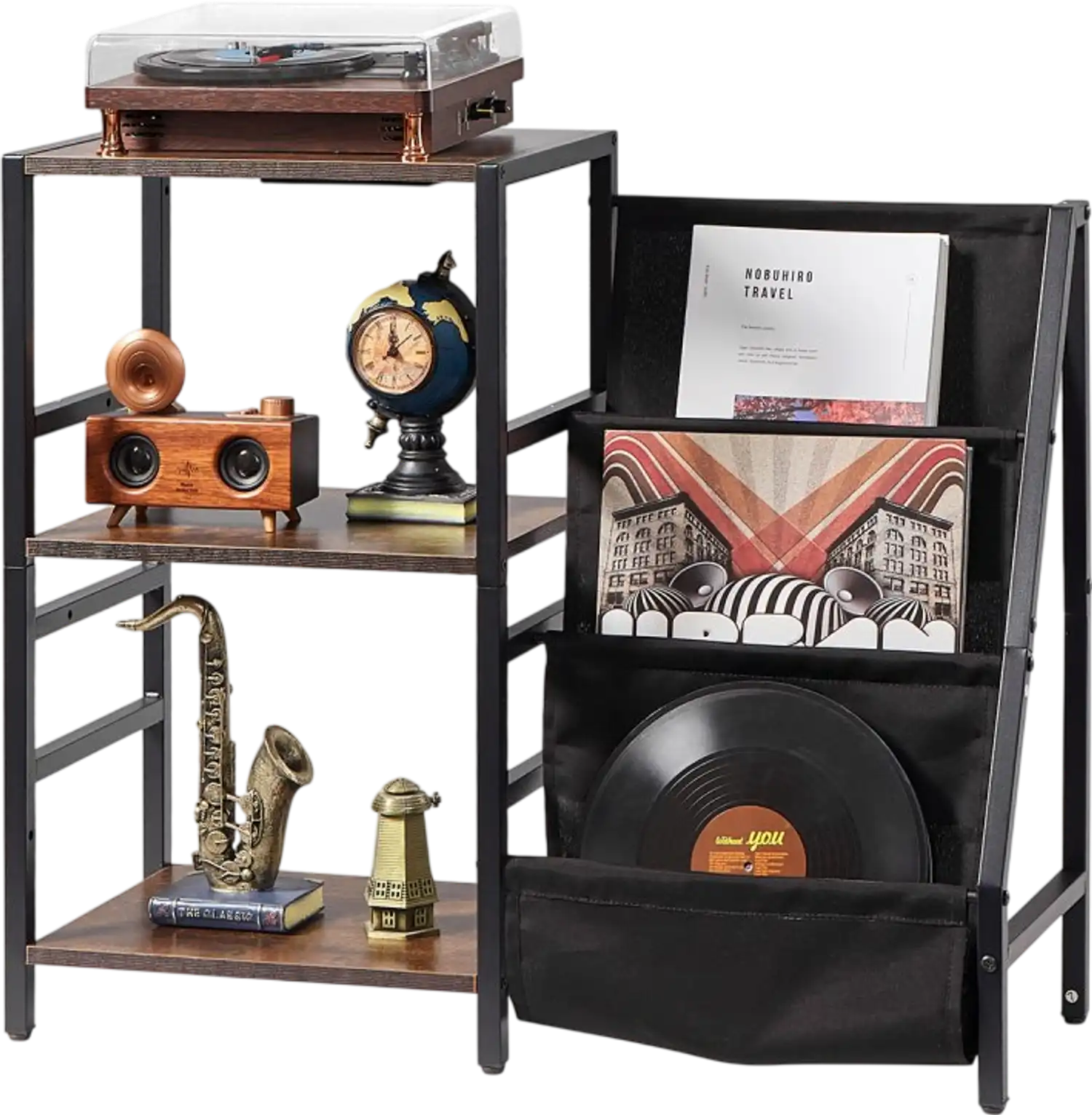 Vevor Record Player Stand Charging Station 3-Tier Vinyl Storage Shelf with LED Light and USB Ports New