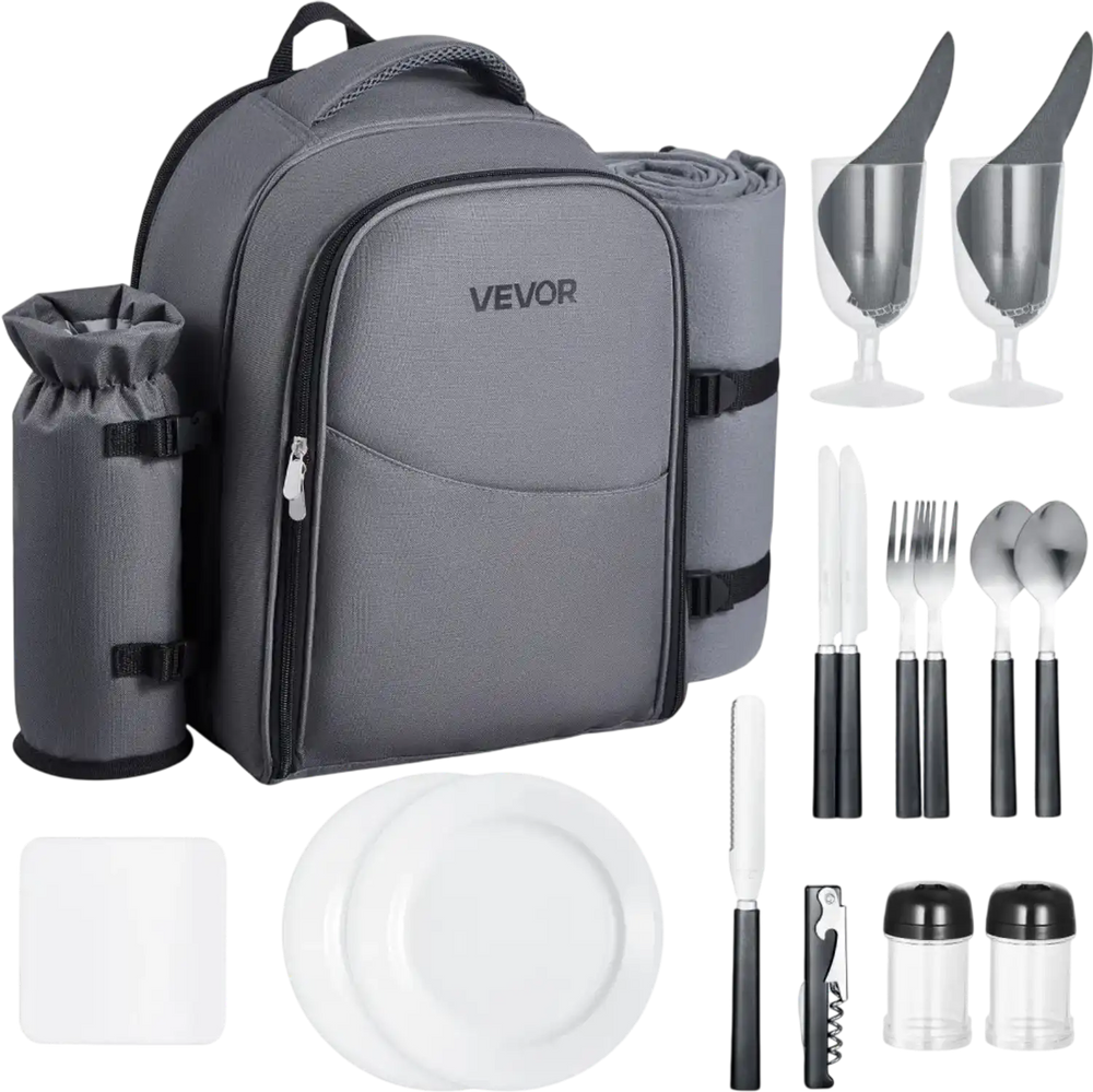 VEVOR Picnic Backpack, Beach Picnic Backpack Bag for 2 Person with Insulated Cooler Compartment, Detachable Bottle/Wine Holder, Lightweight Blanket, Plates and Cutlery Set for Hiking, Camping, Grey
