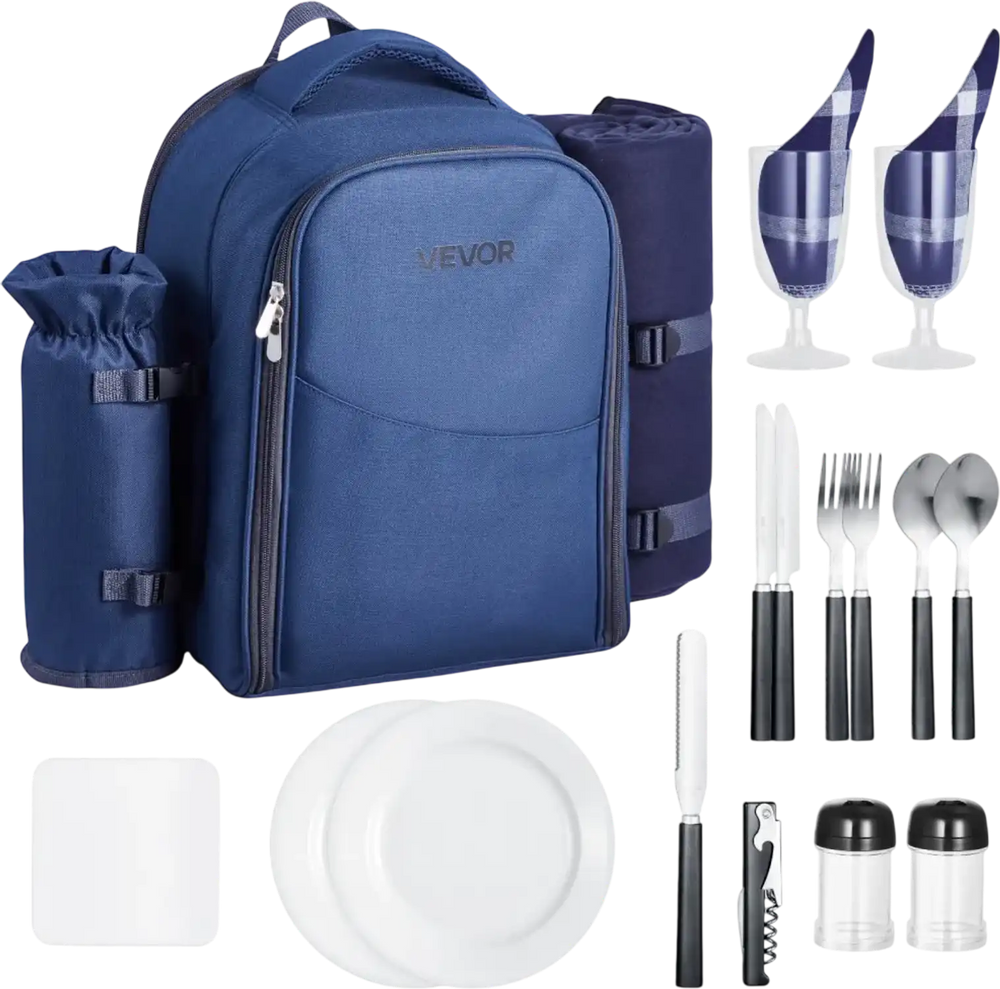 VEVOR Picnic Backpack, Beach Picnic Backpack Bag for 2 Person with Insulated Cooler Compartment, Detachable Bottle/Wine Holder, Lightweight Blanket, Plates & Cutlery Set for Hiking, Camping, Navy Blue