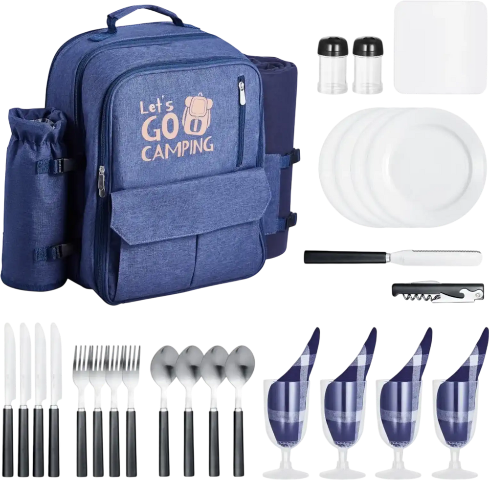 VEVOR Picnic Backpack, Beach Picnic Backpack Bag for 4 Person with Insulated Cooler Compartment, Detachable Bottle/Wine Holder, Lightweight Blanket, Plates and Cutlery Set for Outdoor, Navy Blue