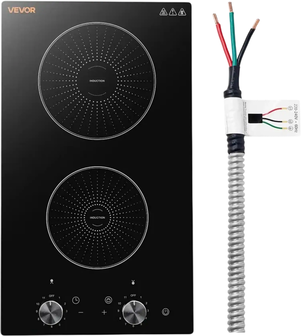 VEVOR Induction Cooktop 12in 2 Burners Built-in Electric Stove 220V 3500W, Low-Power Continuous Heating, Induction Burner for Kitchen, 11 Power Levels, Knob Control, Ceramic Glass, and Child Lock