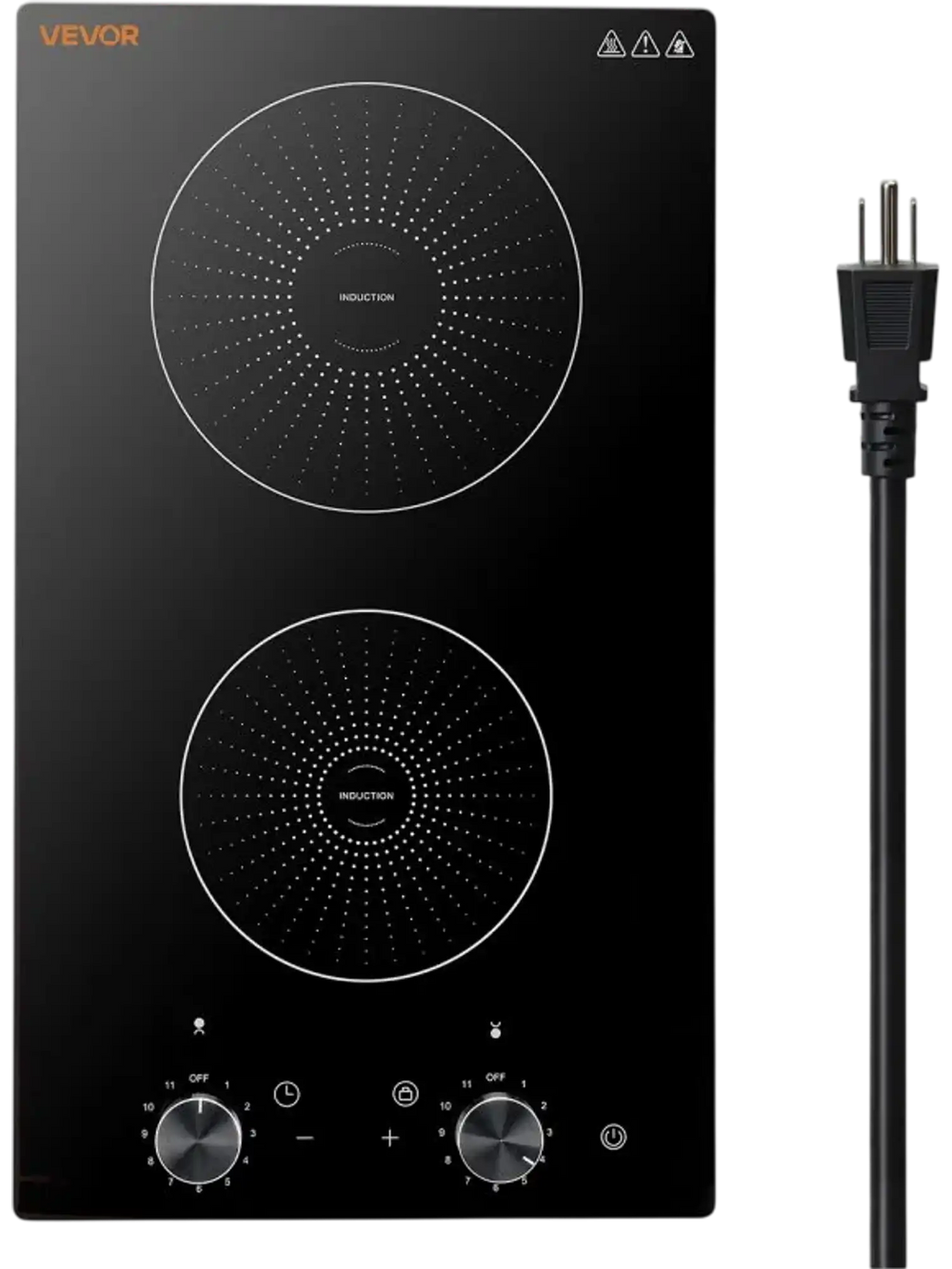 VEVOR Induction Cooktop 12in 2 Burners Built-in Electric Stove 110V 1800W, Low-Power Continuous Heating, Countertop Induction Burner, 11 Power Levels, Knob Control, Ceramic Glass, and Child Lock