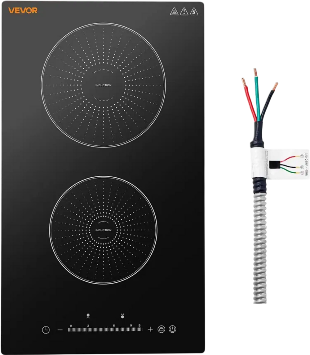 VEVOR Induction Cooktop 12in 2 Burners Built-in Electric Stove 220V 3500W, Low-Power Continuous Heating, Induction Burner for Kitchen, 9 Power Levels, LED Touch Screen, Ceramic Glass, and Child Lock