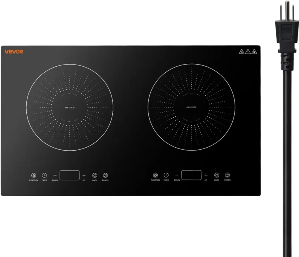 VEVOR Induction Cooktop 24in 2 Burners Built-in Electric Stove 110V 1800W, Low-Power Continuous Heating, Countertop Induction Burner, 9 Power Levels, LED Touch Screen, Ceramic Glass, and Child Lock