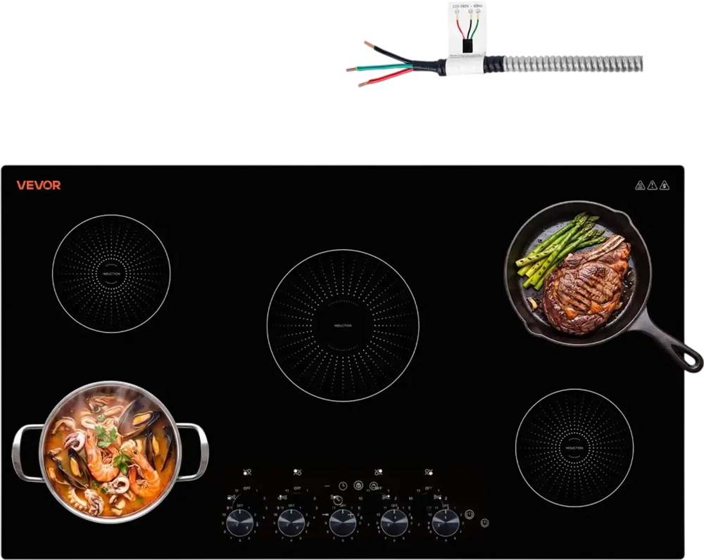 VEVOR Induction Cooktop 36inch 5 Burners Built-in Electric Stove 220V 9200W, Low-Power Continuous Heating, Induction Burner for Kitchen, with 11 Power Levels, Knob Control, and Child Lock