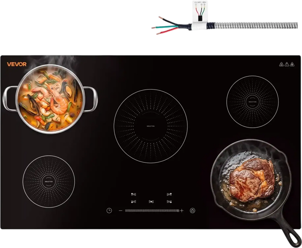 VEVOR Induction Cooktop 36inch 5 Burners Built-in Electric Stove 220V 9200W, Low-Power Continuous Heating, Induction Burner for Kitchen, with 9 Power Levels, LED Touch Screen, and Child Lock