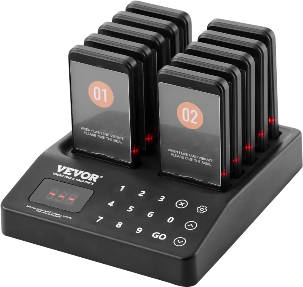 VEVOR Restaurant Pager System, Wireless 400m Long Range Lineup Waiting Queue Signal, Guest Customer Calling Beepers with Vibration & Flashing, 10 Buzzers for Food Truck, Church, Nursery, Hospital