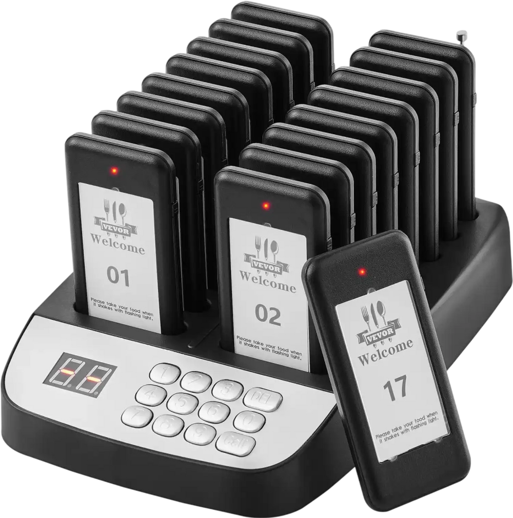 VEVOR Restaurant Pager System, Wireless 500m Long Range Lineup Waiting Queue Signal, Guest Customer Calling Beepers with Vibration & Flashing, 16 Buzzers for Food Truck, Church, Nursery, Hospital
