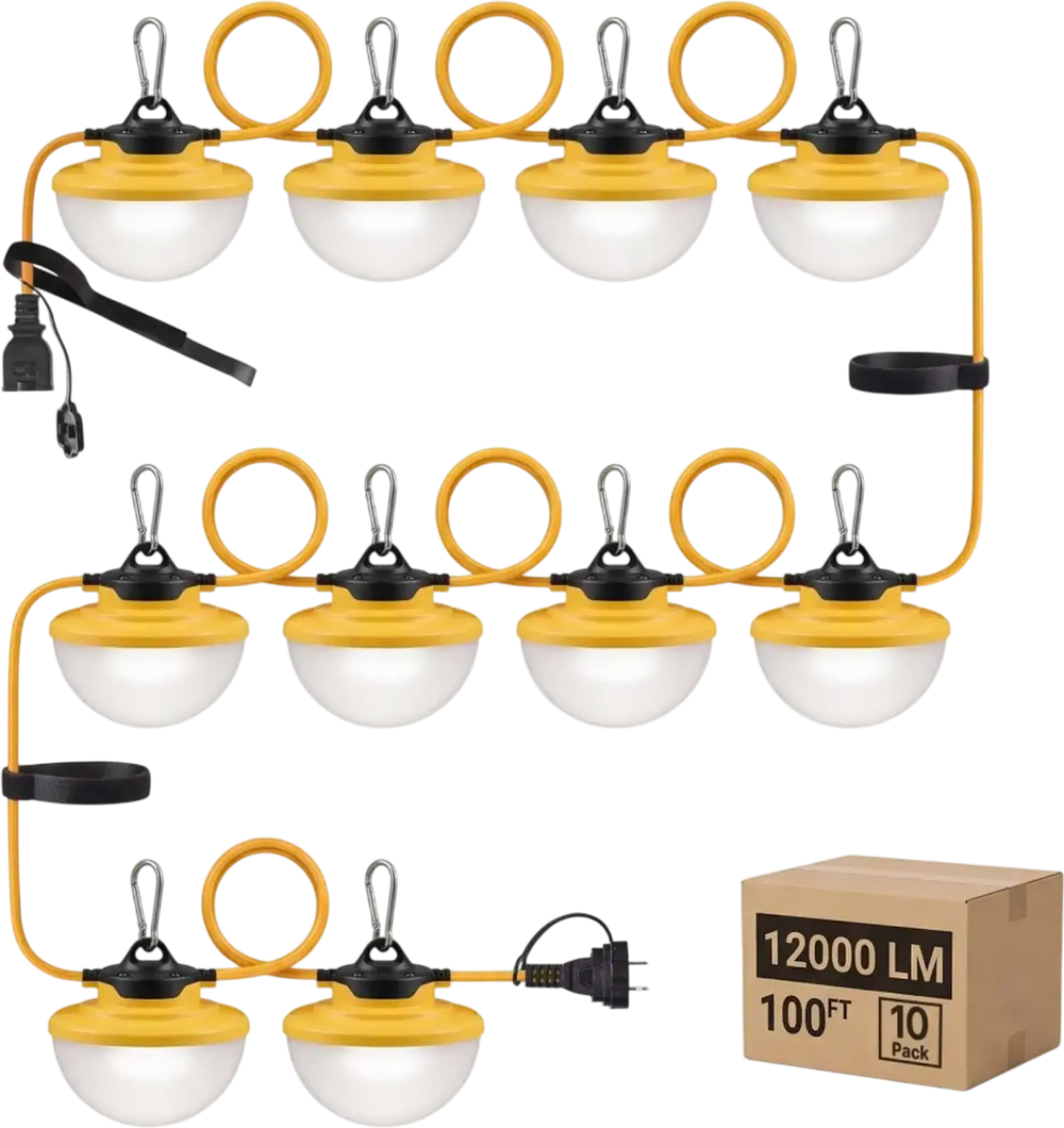 VEVOR Construction String Lights 100FT 100W 10 Bulbs LED String Work Lights, IP65 Waterproof Linkable LED Temporary Jobsite Lighting, 5000K 12000LM, for Construction Site Crawlspace Renovation, 2 Pack