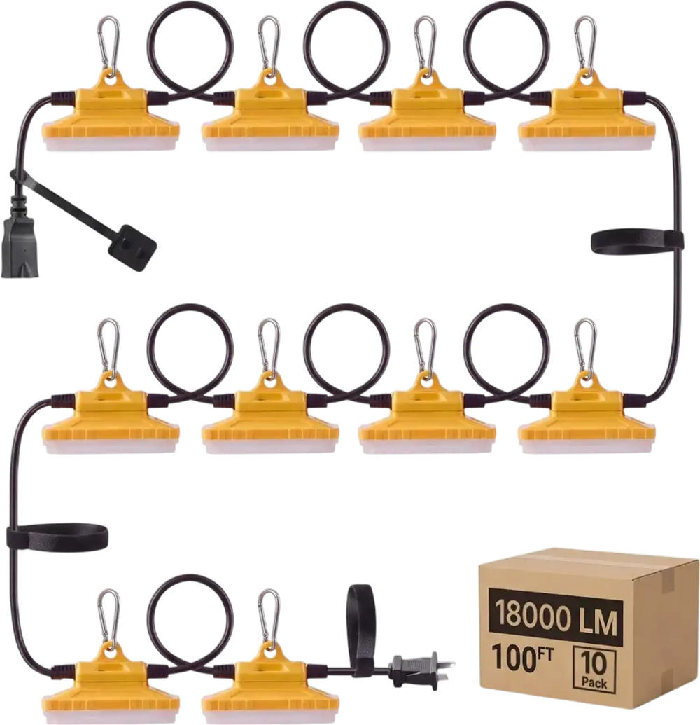 VEVOR Construction String Lights 100FT 150W 10 Bulbs LED String Work Lights, IP65 Waterproof Linkable LED Temporary Jobsite Lighting, 5000K 18000LM, for Construction Site Crawlspace Renovation, 2 Pack