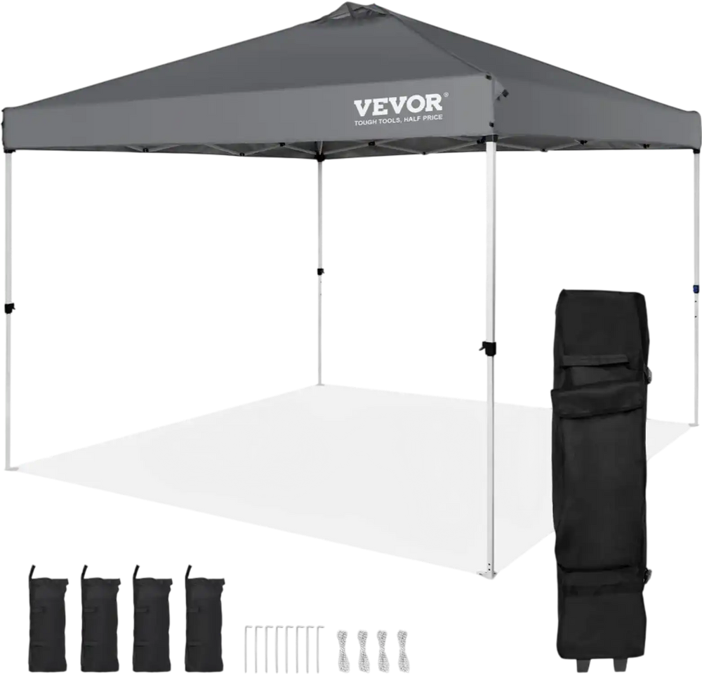 VEVOR Pop Up Canopy Tent, 10 x 10 ft, 250 D PU Silver Coated Tarp, with Portable Roller Bag and 4 Sandbags, Waterproof and Sun Shelter Gazebo for Outdoor Party, Camping, Commercial Events, Dark Gray