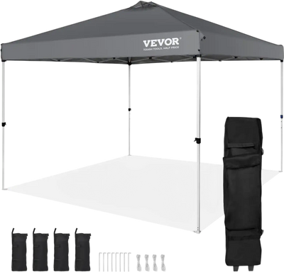 VEVOR Pop Up Canopy Tent, 10 x 10 ft, 250 D PU Silver Coated Tarp, with Portable Roller Bag and 4 Sandbags, Waterproof and Sun Shelter Gazebo for Outdoor Party, Camping, Commercial Events, Dark Gray