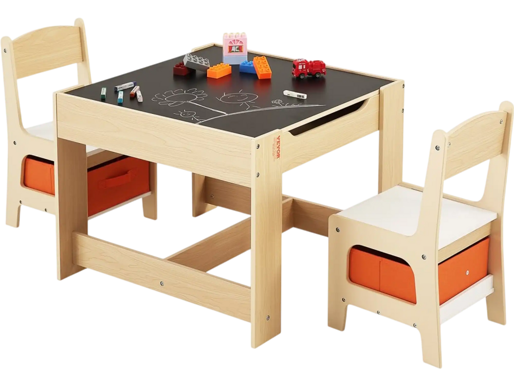 VEVOR Kids Table and 2 Chairs Set, Toddler Table and Chair Set with Storage Space under the Table, Cloth Storage Box under the Chairs, Wooden Desk for Art, Craft, Reading, Learning, Drawing, Burlywood