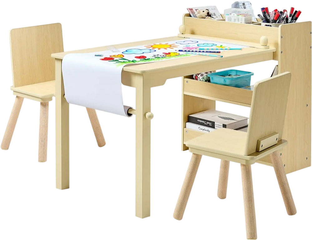VEVOR Kids Art Table and Chair Set, Toddler Craft Table with 3 Tiers Storage Cabinet, Wooden Kids Activity Play Desk with 2 Chairs, Craft Play Desk for Reading, Learning, Drawing, Writing, Light Wood