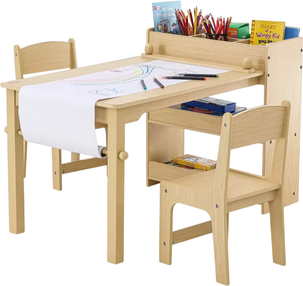 VEVOR Kids Art Table and 2 Chairs, 2-in-1 Toddler Craft and Play Activity Table, Wood Toddler Table and Chair Set with A Cabinet for Art, Craft, Reading, Learning