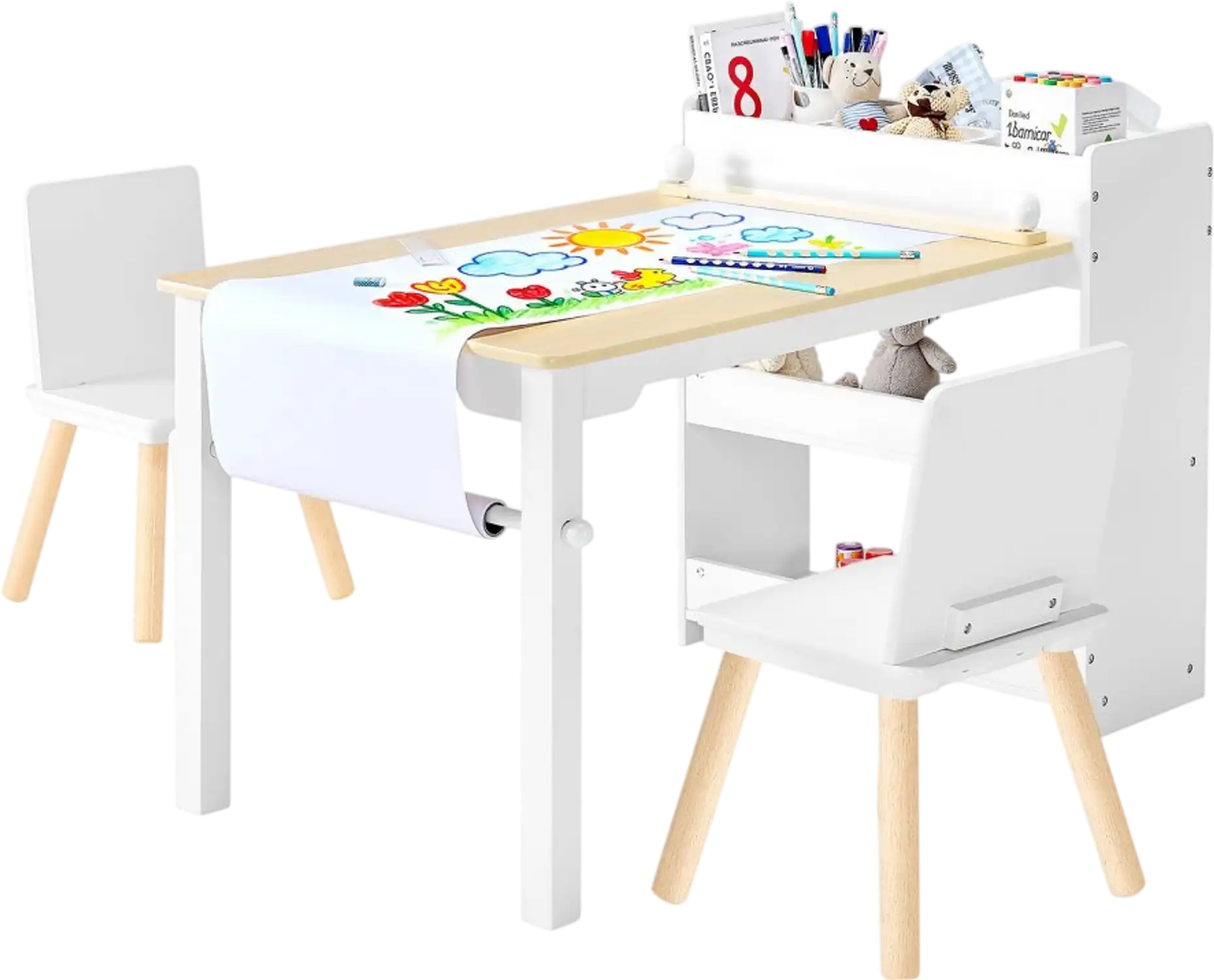 Vevor Kids Art Table and Chair Set with 3-Tier Storage Cabinet White New