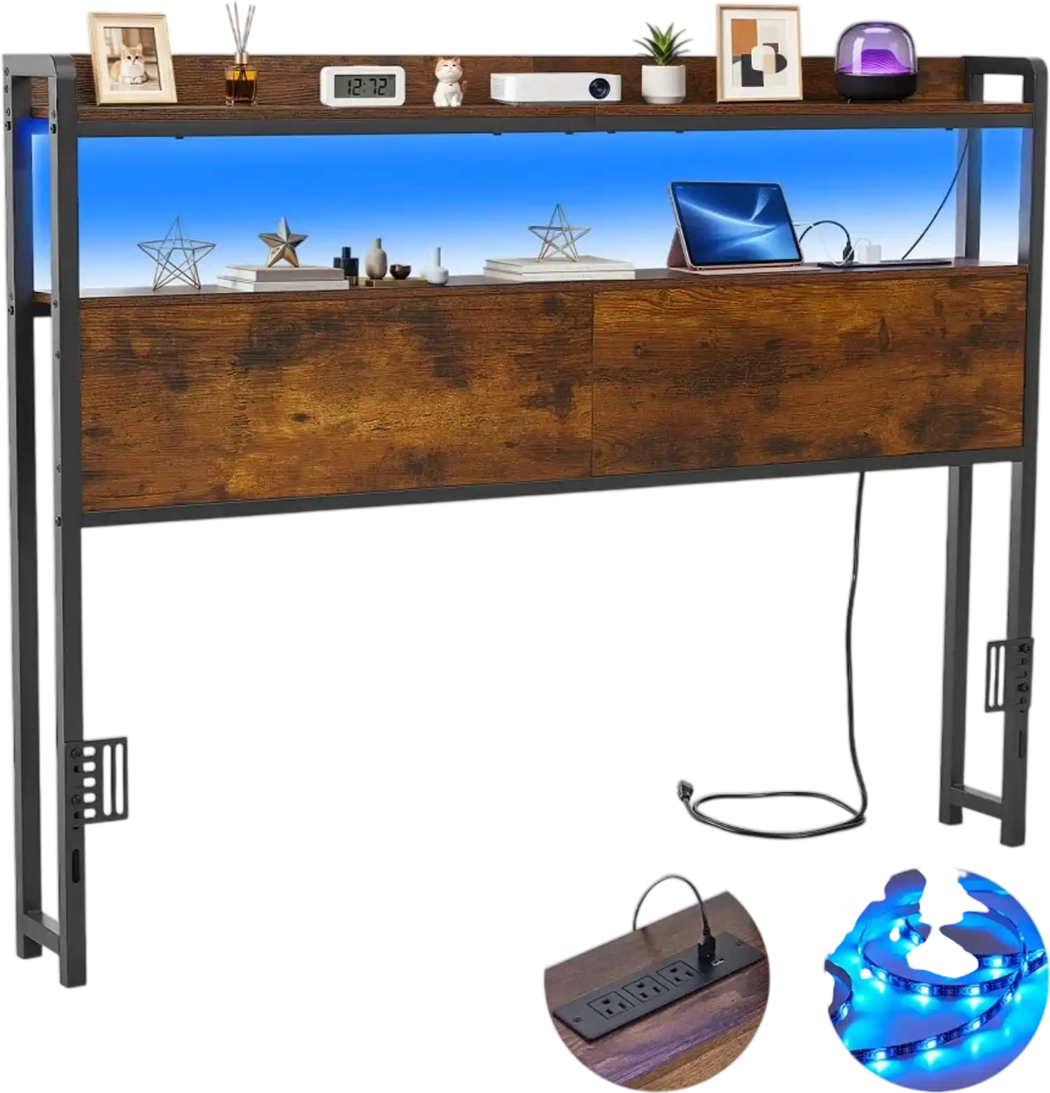 Vevor Headboard Full Size Bed Headboard with Storage Shelves, LED Light, Charging Station, Adjustable Height, Black New