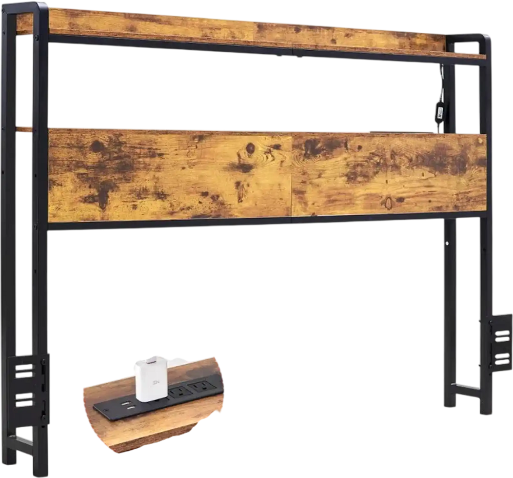 VEVOR Headboard for Full Size Bed, Adjustable Height Headboard with 2 Shelves Storage, Freestanding Head Board with Charging Station and LED Light for Different Bed Frames, Easy Assembly, Brown