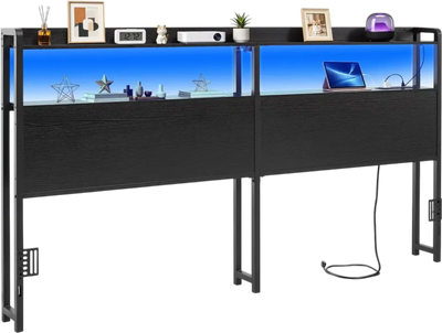 VEVOR Headboard for King Size Bed, with 2 Storage Shelves, LED Light, 3 Outlets, and 3 USB Ports, Sturdy and Stable Carbon Steel Frame Head Board with Charging Station, Adjustable Height, Black