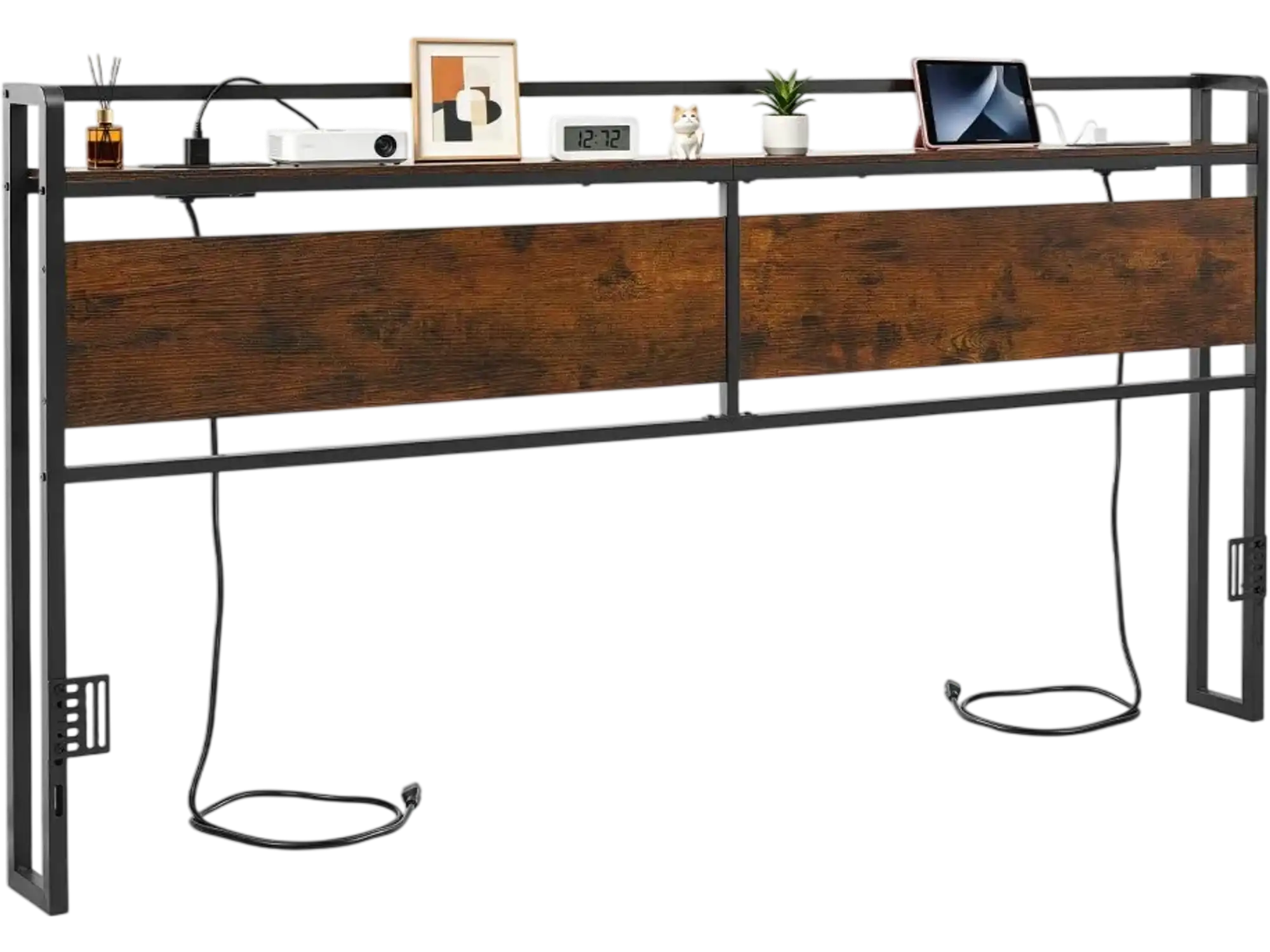 Vevor Headboard King Size Bed with Storage Shelf and Charging Station Black and Brown New