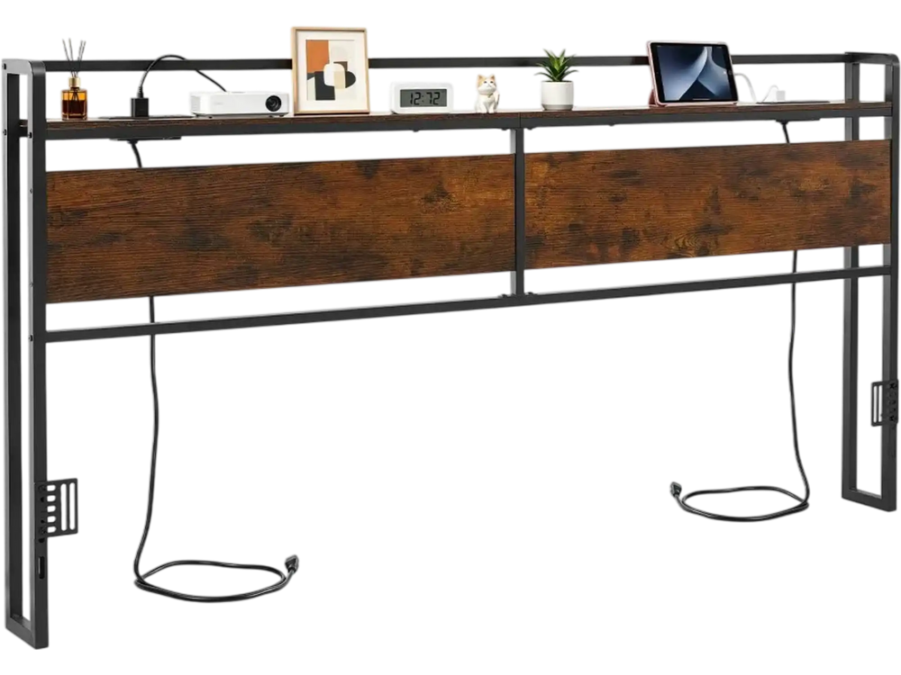 VEVOR Headboard for King Size Bed, with Storage Shelf, 2 Outlets, 1 USB and 1 Type-C Port, Sturdy and Stable Carbon Steel Frame Head Board with Charging Station, Adjustable Height, Black and Brown