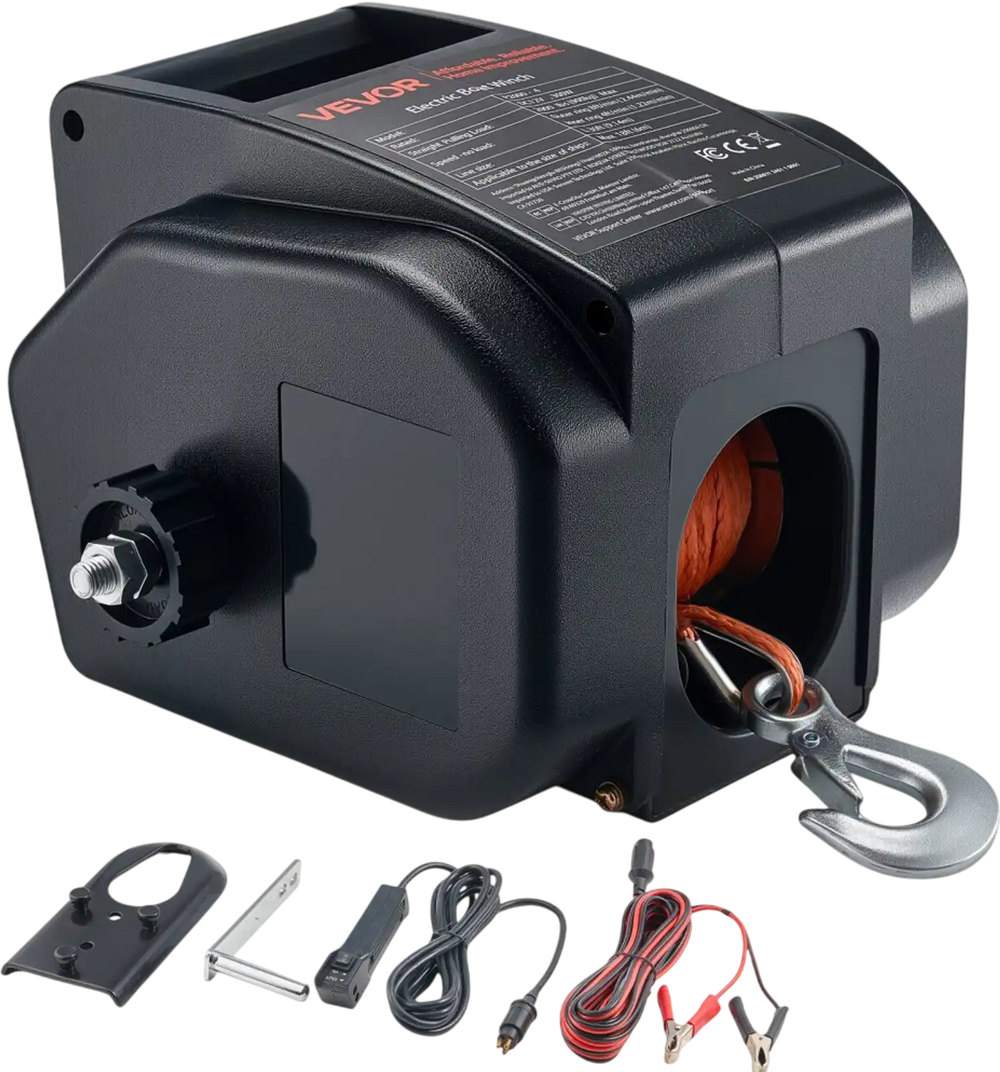 VEVOR Electric Boat Winch, 12V DC 300W, Reversible Electric Trailer Winch for Boats Up to 2000 lbs, Power-in, Power-Out, and Freewheel Operations for Boats with Wired Remote Control & Hand Crank