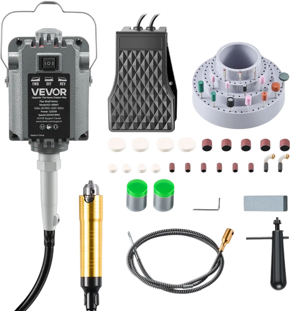 VEVOR Flex Shaft Grinder, 1200W 30000RPM Electric Flex Shaft Rotary Tool, Foot-Pedal Control Hanging Carver Grinder with 112PCS Accessory Kit for Sanding Buffing Polishing Cutting