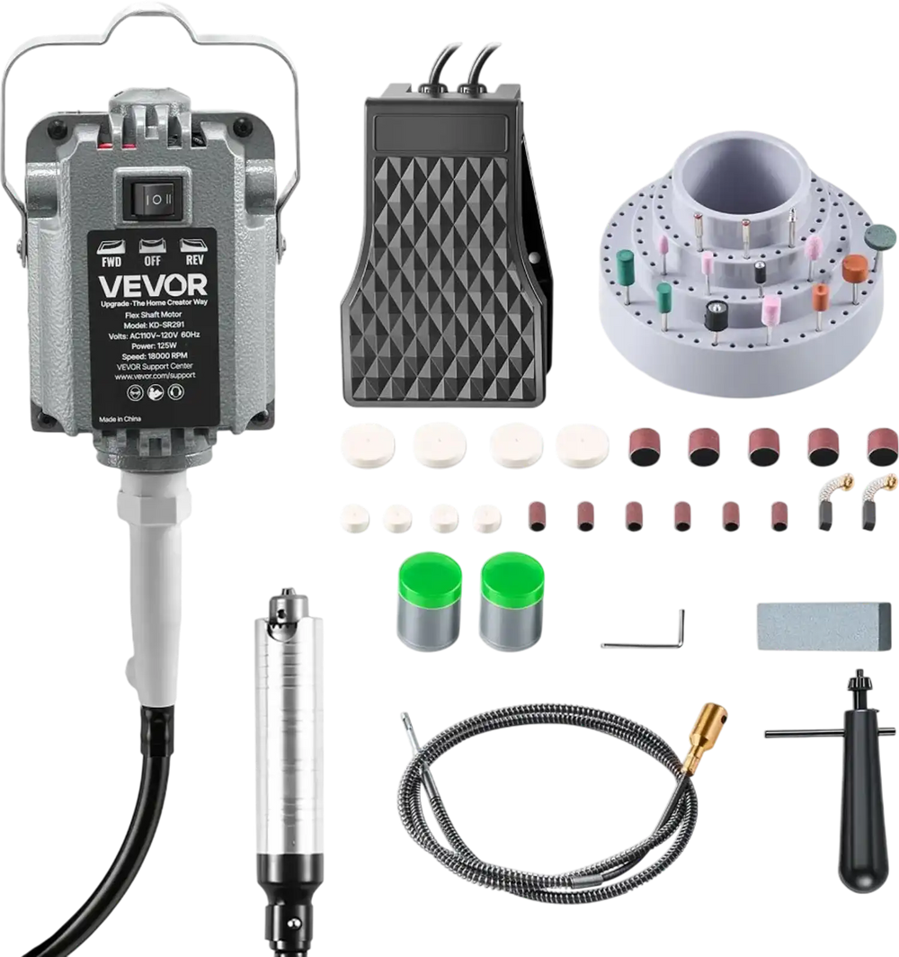 VEVOR Flex Shaft Grinder, 125W 18000RPM Electric Flex Shaft Rotary Tool, Foot-Pedal Control Hanging Carver Grinder with 112PCS Accessory Kit for Sanding Buffing Polishing Cutting