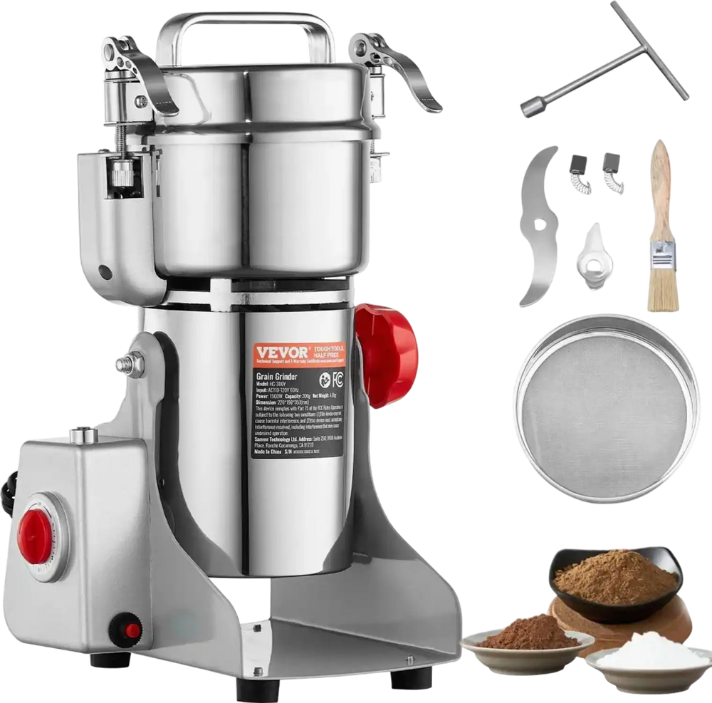 VEVOR 300g Electric Grain Mill Grinder, High Speed 1500W Commercial Spice Grinders, Stainless Steel Pulverizer Powder Machine, for Dry Grains Spices Cereals Coffee Corn Pepper, Swing Type