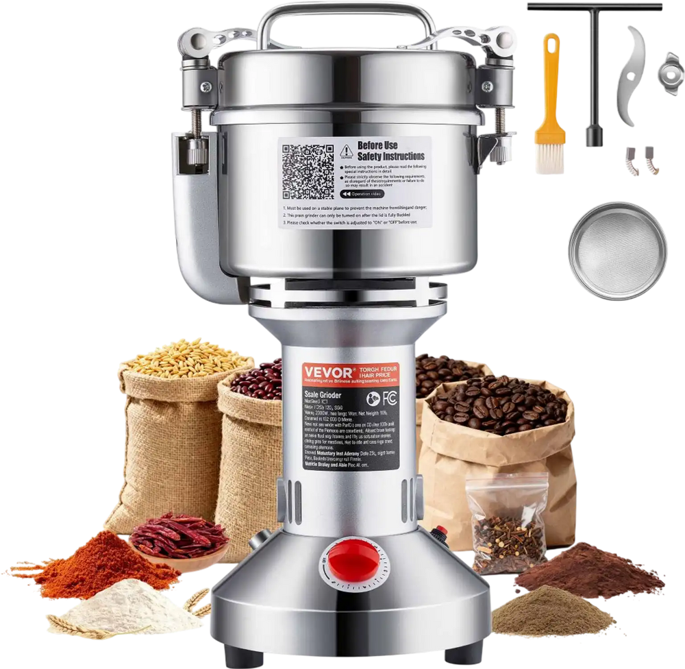 VEVOR 750g Electric Grain Mill Grinder, High Speed 2000W Commercial Spice Grinders, Stainless Steel Pulverizer Powder Machine, for Dry Grains Spices Cereals Coffee Corn Pepper, Straight Type