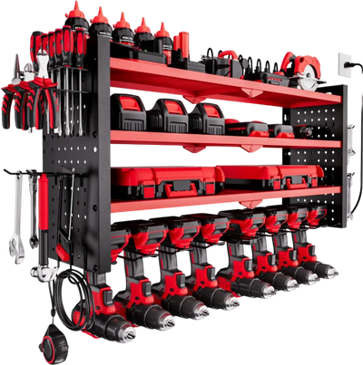 VEVOR Power Tool Organizer with Charging Station, 4-Layer Drill Storage Rack with 8 Drill Holders & Side Pegboard, Garage Tool Organizer Built in 8 Outlet Power Strips for Garage, Workbench, Workshop