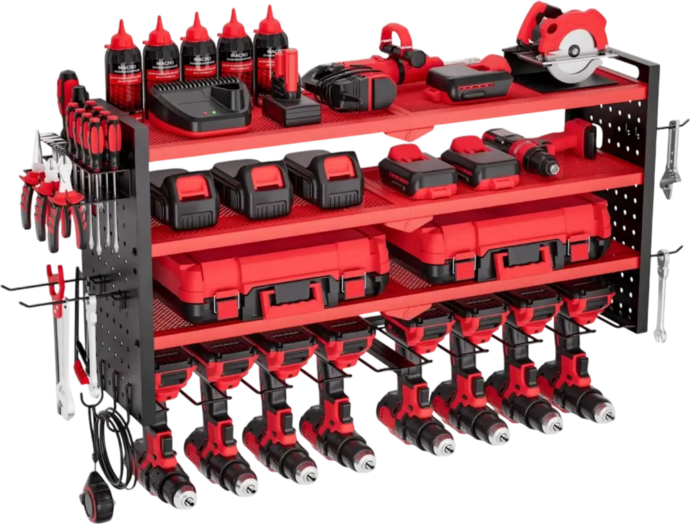 VEVOR Power Tool Organizer Wall Mount, 4-Layer Storage Rack with 8 Drill Holders, Tools Holder and Storage Rack with Side Pegboards, Garage Tool Organizer for Garage, Workbench, and Workshop