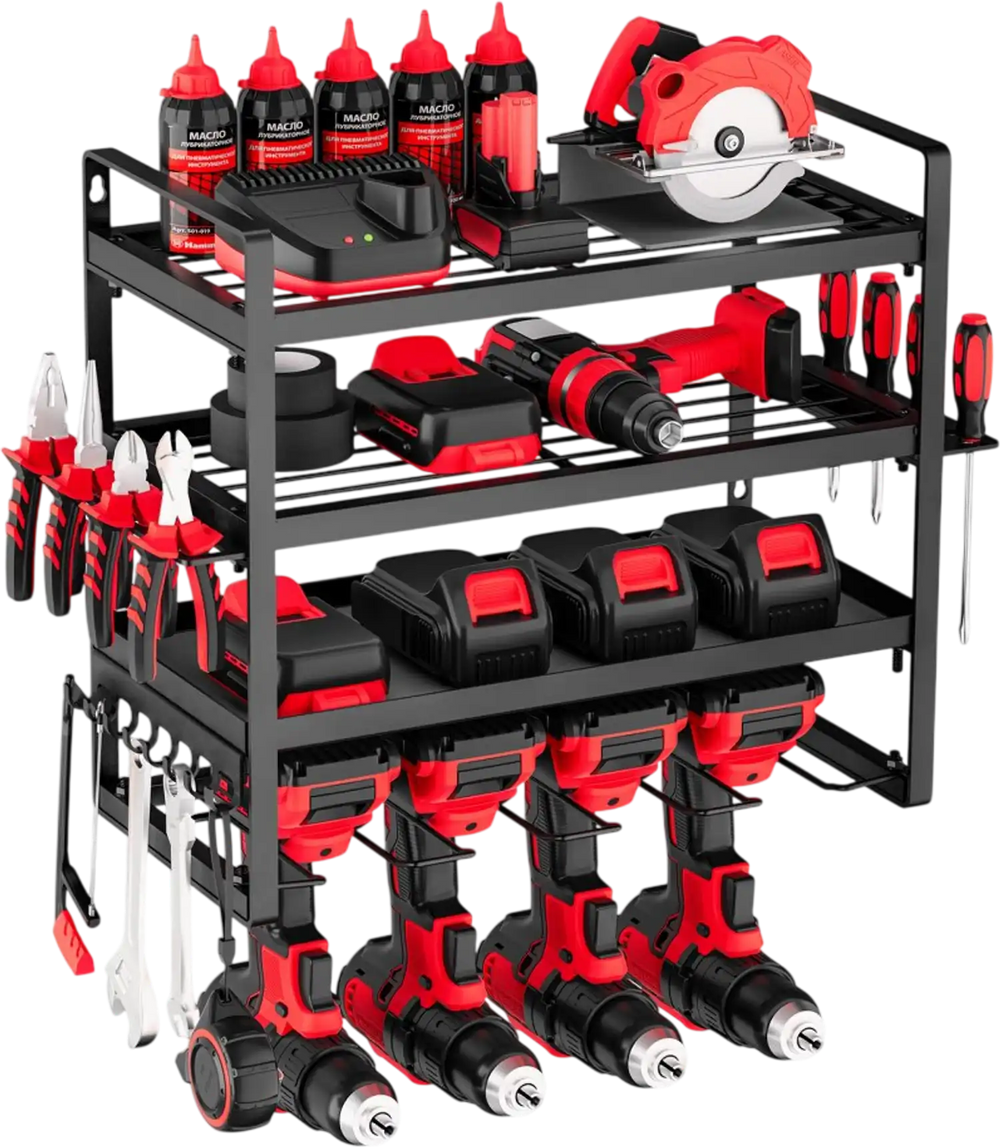 VEVOR Power Tool Organizer Wall Mount, 4-Layer Storage Rack with 4 Drill Holders, Tools Holder and Storage Rack with Screwdriver Holder, Garage Tool Organizer for Garage, Workbench, and Workshop