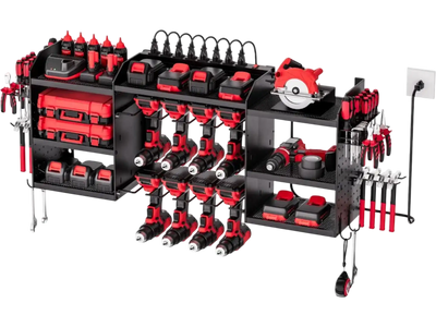 VEVOR Power Tool Organizer with Charging Station, 3-Layer Power Tool Battery Storage Rack with 5.58 ft Power Strip, 8 Drill Holders & 8 Outlets, Garage Tool Organizer for Garage, Workbench, Workshop