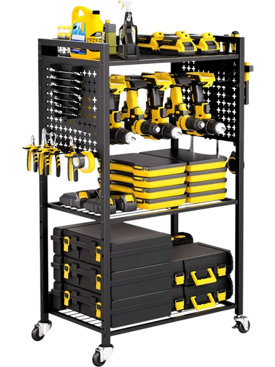 VEVOR 4-tier Tool Organizer Cart, 150 lbs Load Capacity, Floor Stand Rolling Drill Holder and Stability Storage Rack, Heavy Duty Garage Floor Rolling Storage Cart for Workshop, Garage, Black