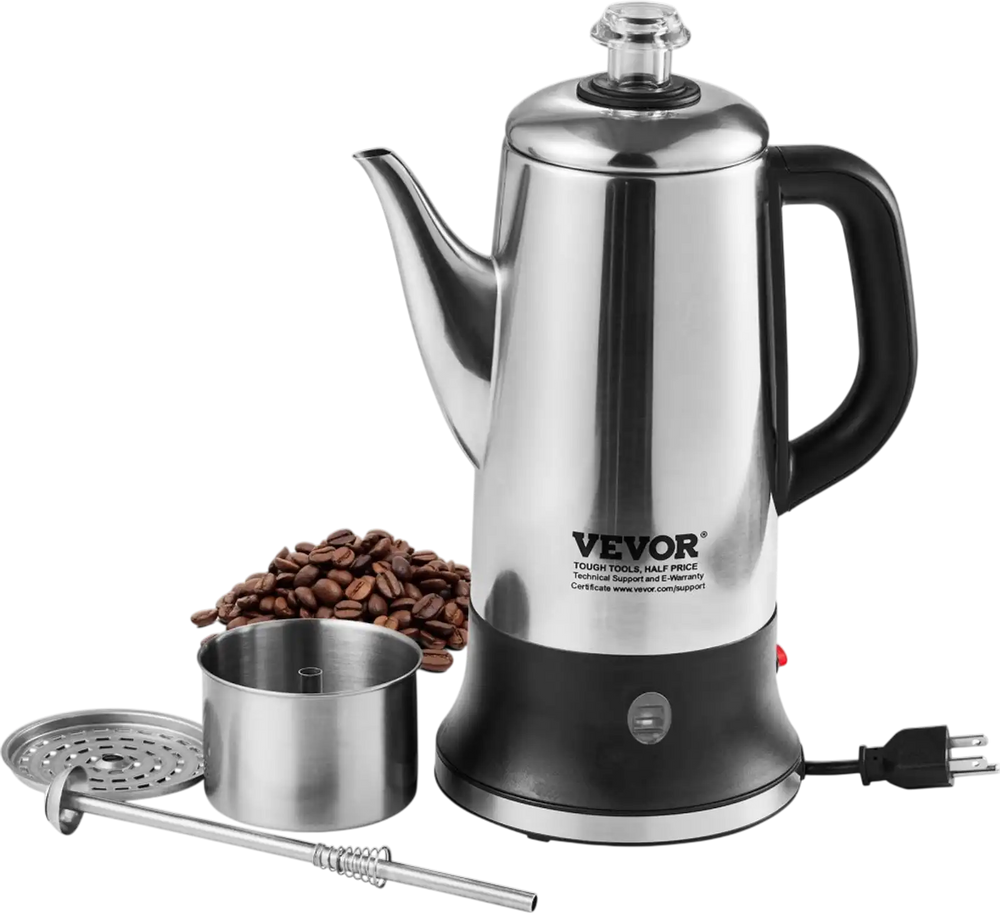VEVOR 12-Cup Electric Percolator Coffee Pot, 304 Stainless Steel Coffee Percolator with Keep Warm Function & Heat-Resistant Handle, Classic Coffee Maker, Quick Brew & Easy-Pour Spout, Silver
