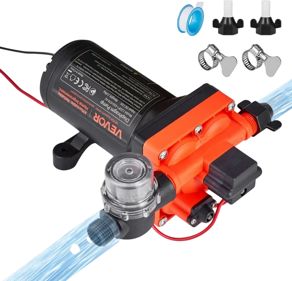 VEVOR RV Water Pump, 12V DC 5 GPM (18.9 L/min), 4-Chamber Self-Priming Diaphragm Water Pump with Automatic Pressure Switch, 70 PSI Max Pressure, On Demand for RV, Caravan, Marine, Yacht, Car Washing