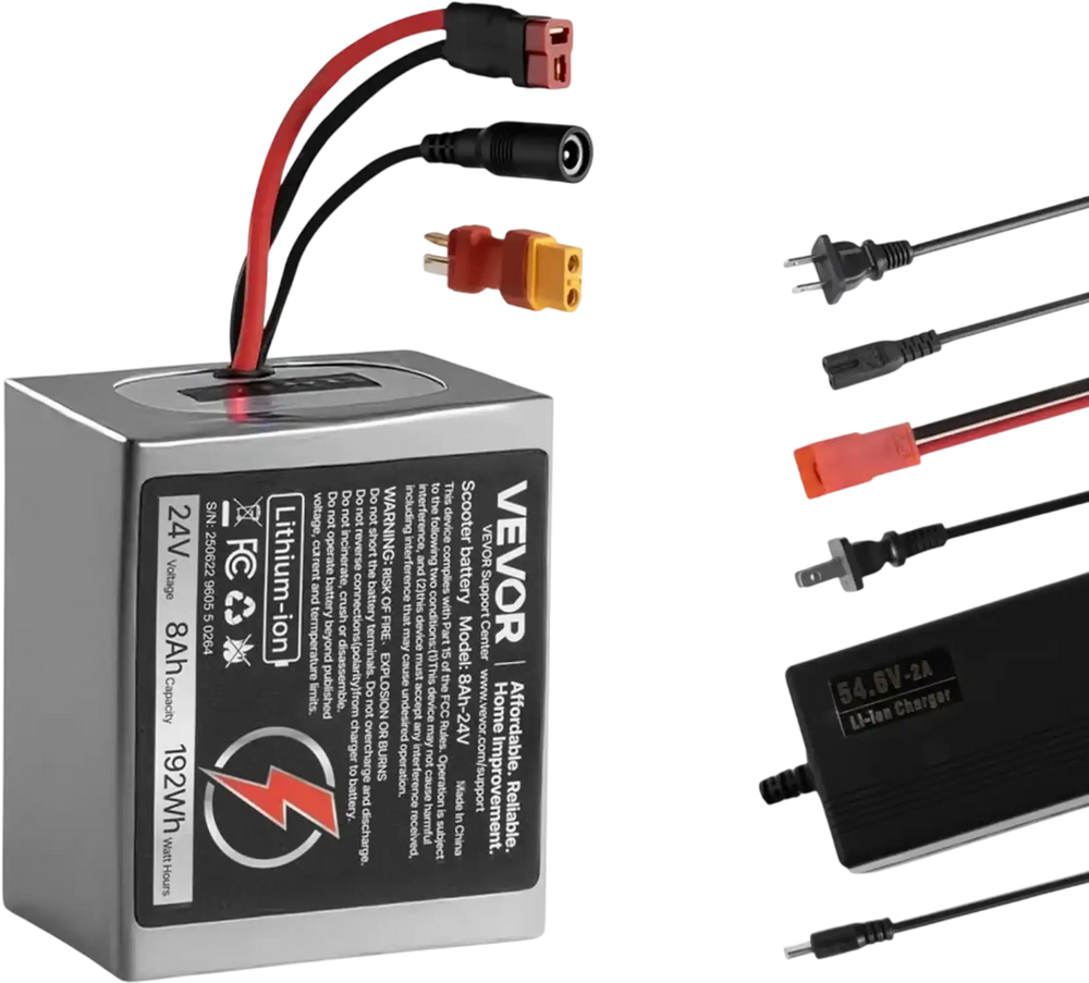 VEVOR 24V Electric Scooter Battery, 8Ah, Ebike Lithium Battery Pack with 30A BMS, Charger, T-Plug Expansion Cable, 500+ Cycles, Compatible with 1920W Motors, for Electric Bikes Bicycles, Scooters