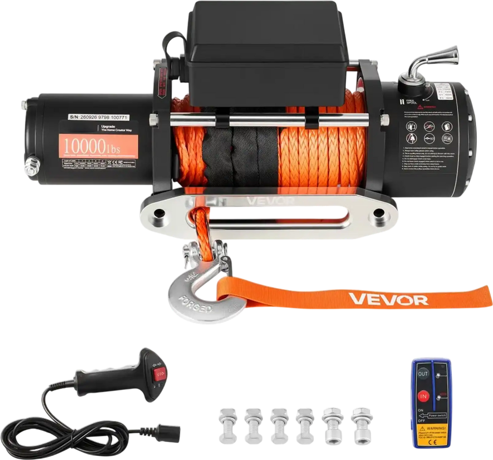 VEVOR Electric Winch, 10,000 lbs, 12V DC Truck Winch with Synthetic Rope, for Towing Off-Road SUVs, Trailers & Boats, 7/20 in x 65 ft Line, Aluminum Fairlead, Wireless & Wired Remote Control, IP55