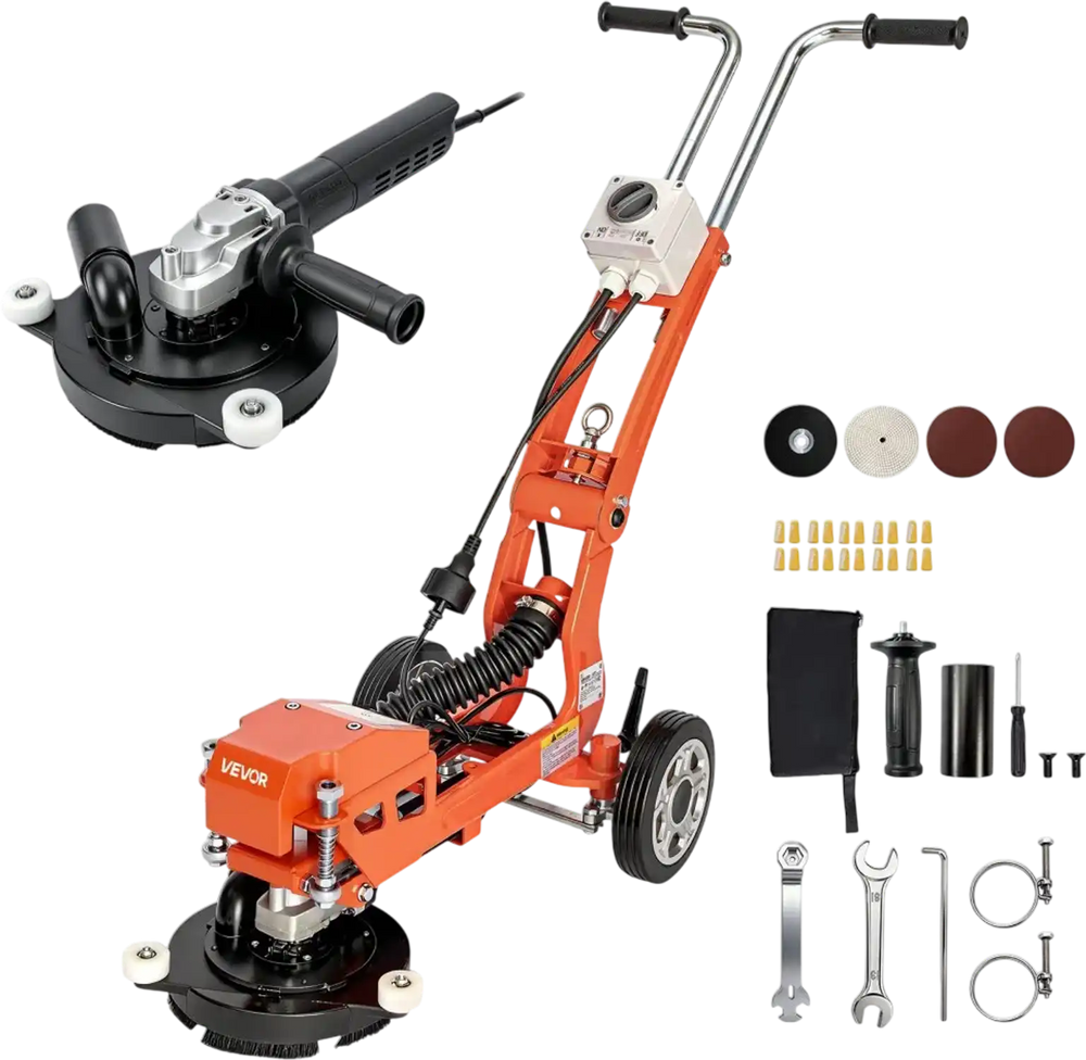 VEVOR Electric Concrete Grinder, 1400W 3600 RPM, Walk Behind Floor Polisher, Marble, Stone, Epoxy Floor Polishing, 7 in Grinding Disc, Adjustable Handle, with Vacuum Port, Dual Debris Control, Orange