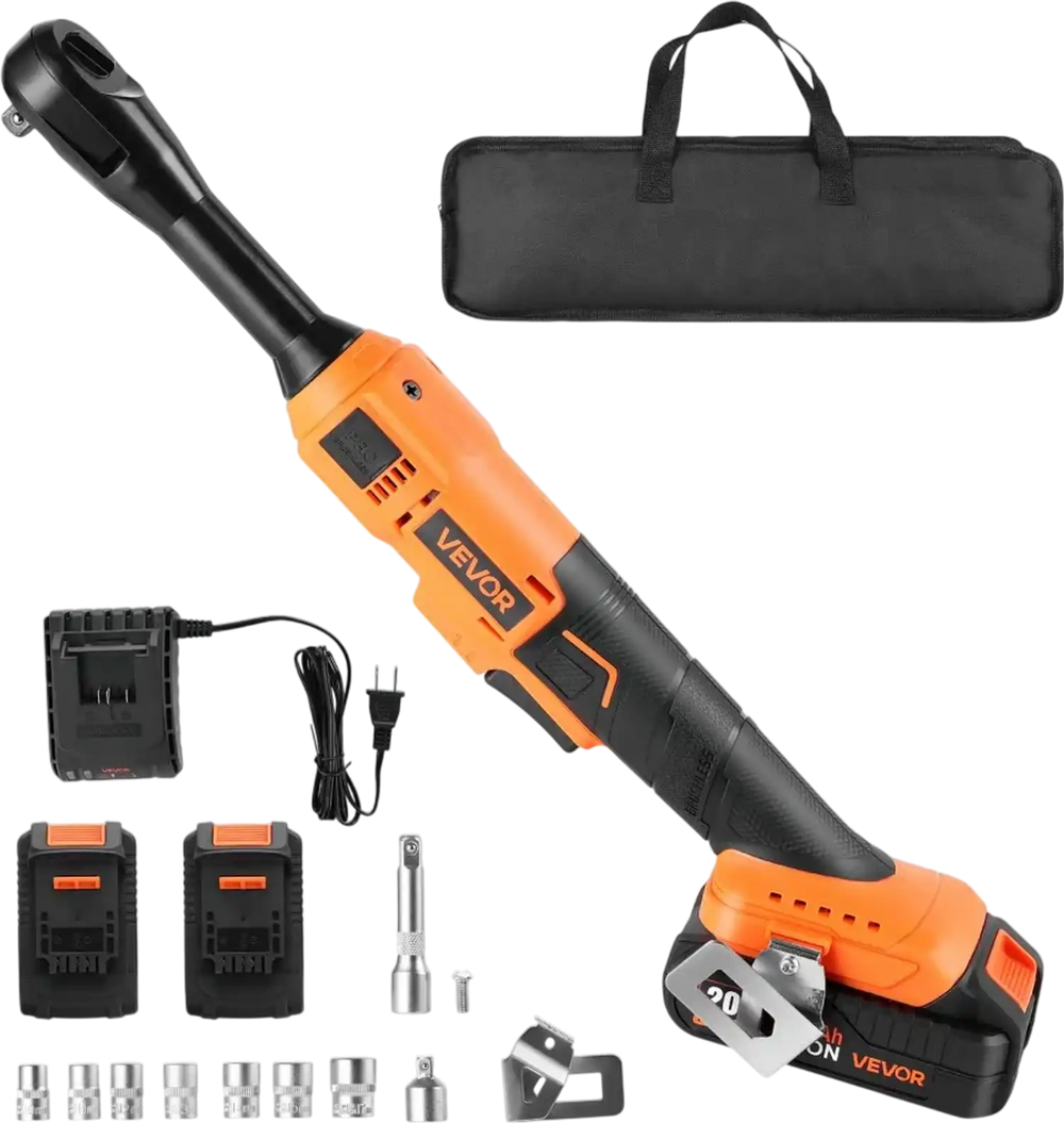 VEVOR Cordless Ratchet Wrench, 3/8 inch Drive, 230 RPM, up to 66 ft-lbs of Torque, Battery Powered Electric Ratchet Wrench Set with Two 2.0Ah Batteries, Charger, Sockets, Adaptors and Cloth Bag