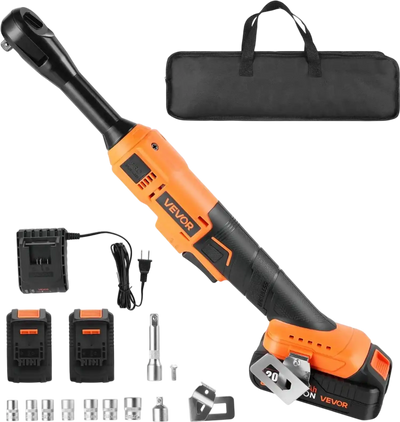 VEVOR Cordless Ratchet Wrench, 3/8 inch Drive, 230 RPM, up to 66 ft-lbs of Torque, Battery Powered Electric Ratchet Wrench Set with Two 2.0Ah Batteries, Charger, Sockets, Adaptors and Cloth Bag